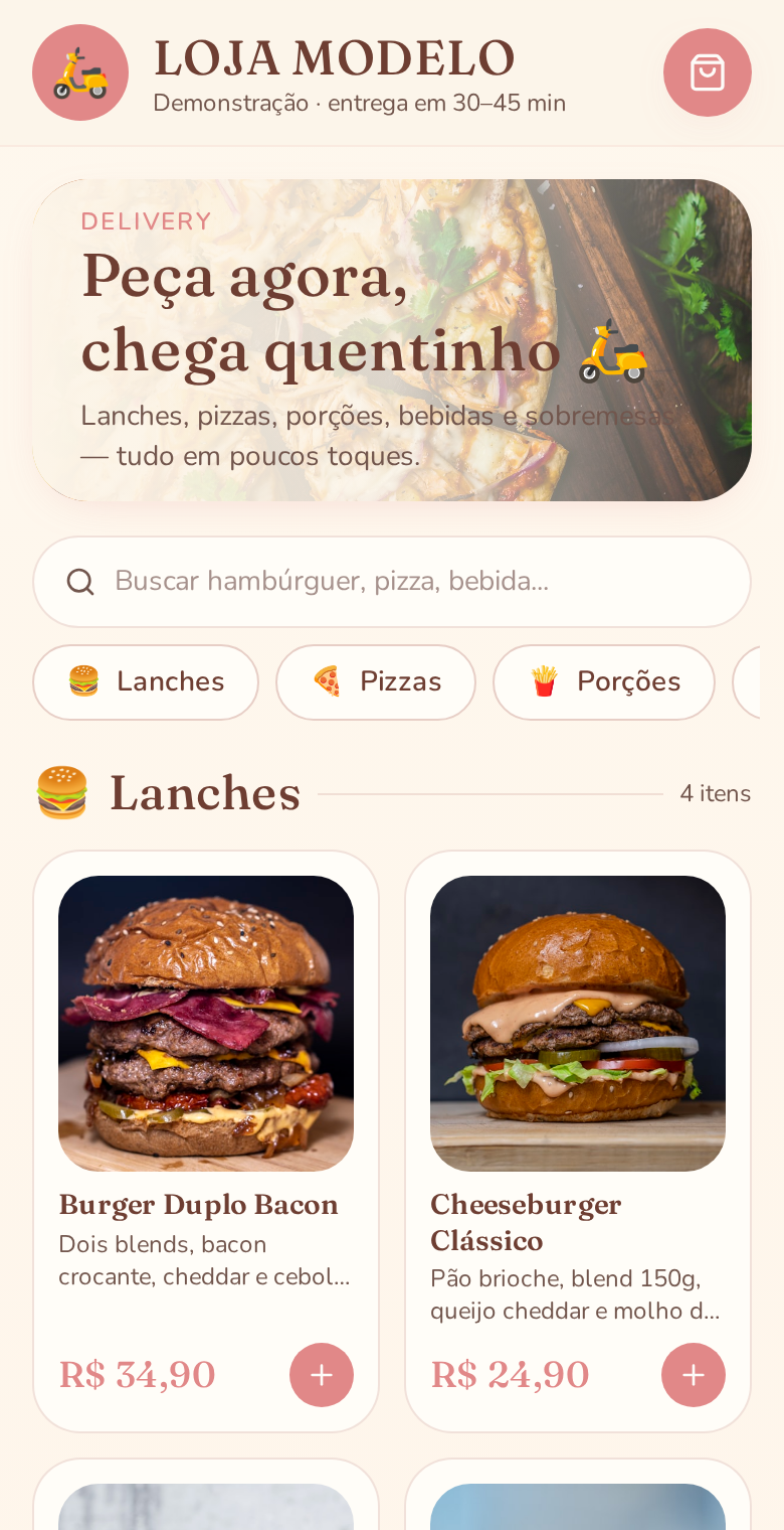 Loja de delivery personalizada exibida no celular